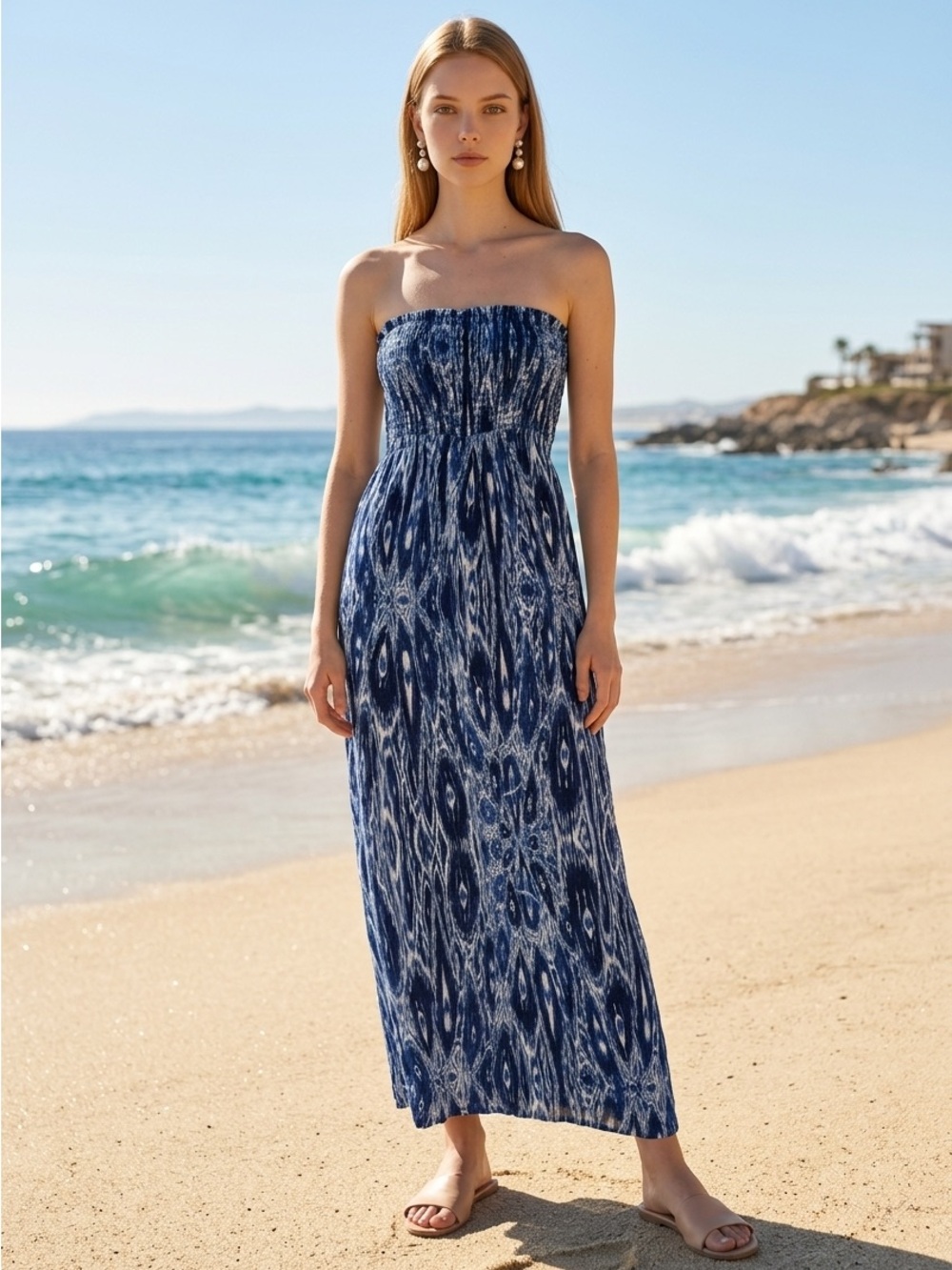 Velvet Blue and White Patterned Smocked Maxi Coverup